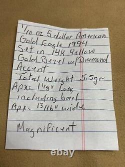 1/10oz 1994 $5 Gold American Eagle In 14K Yellow Gold Diamond Pendant 5.5 Grams