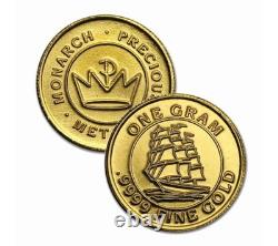 1 Gram. 9999 Fine Gold Round Tall Ship (Sealed in Capsule) Pure Gold Coin