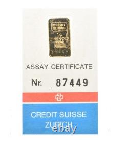 1 Gram Gold Bar Credit Suisse Zurich 7296