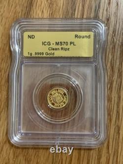 1 Gram Gold ICG MS70PL. 9999 Fine Gold Coin Clean Ripz 1 G