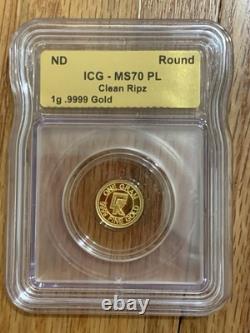 1 Gram Gold ICG MS70PL. 9999 Fine Gold Coin Clean Ripz 1 G