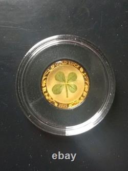 1 Gram Proof Gold Round, Good Luck, Real Four Leaf Clover In Capsule with Coa