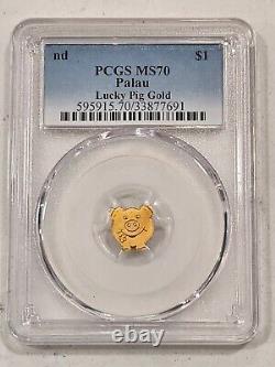 $1 Palau LUCKY PIG Gold 0.5g 11mm First Strike PCGS MS70 Gold Coin