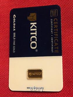 1 gram KITCO (by Goldas) 999,9 Fine Gold Swiss Bar in Sealed Assay Card