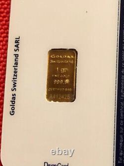 1 gram KITCO (by Goldas) 999,9 Fine Gold Swiss Bar in Sealed Assay Card