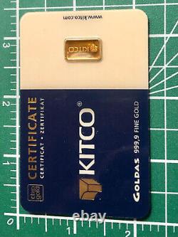 1 gram KITCO (by Goldas) 999,9 Fine Gold Swiss Bar in Sealed Assay Card