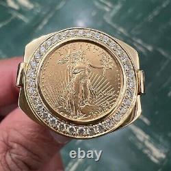 10K Yellow Gold American Liberty Coin Genuine Diamond Ring 0.61 Ct, 15.68 Grams