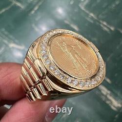 10K Yellow Gold American Liberty Coin Genuine Diamond Ring 0.61 Ct, 15.68 Grams