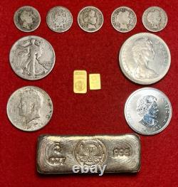 (12). 9999 Fine Solid Gold 999 Silver Bars & Rounds 90% Silver US Coin Mixed Lot