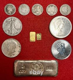 (12). 9999 Fine Solid Gold 999 Silver Bars & Rounds 90% Silver US Coin Mixed Lot