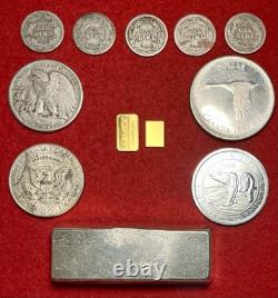 (12). 9999 Fine Solid Gold 999 Silver Bars & Rounds 90% Silver US Coin Mixed Lot