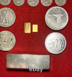 (12). 9999 Fine Solid Gold 999 Silver Bars & Rounds 90% Silver US Coin Mixed Lot