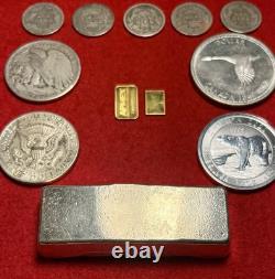 (12). 9999 Fine Solid Gold 999 Silver Bars & Rounds 90% Silver US Coin Mixed Lot
