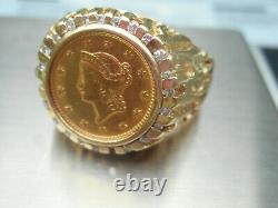 14 K Solid Yellow Gold Ring W / 1851 Us Liberty $1.00 Gold Coin 10.5 Grams