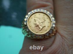 14 K Solid Yellow Gold Ring W / 1851 Us Liberty $1.00 Gold Coin 10.5 Grams