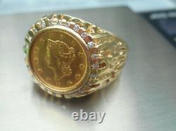 14 K Solid Yellow Gold Ring W / 1851 Us Liberty $1.00 Gold Coin 10.5 Grams