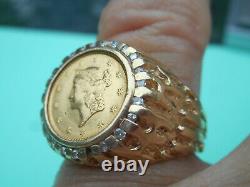 14 K Solid Yellow Gold Ring W / 1851 Us Liberty $1.00 Gold Coin 10.5 Grams