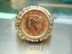 14 K Solid Yellow Gold Ring W / 1851 Us Liberty $1.00 Gold Coin 10.5 Grams