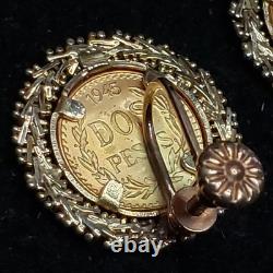 14 Kt Gold Earrings 1945 Dos Pesos Gold Coin Earrings 9.1 Grams Screw Back