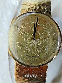 14 k Gold Lucien Piccard Coin Man's Watch 6.75 #49335 Switzerland 43.2 Grams