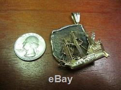 14K Gold & Diamond Ship Pendant With 4 Reale Atocha Shipwreck Coin 37.2 Grams