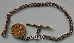 14K Solid Gold Pocket Watch Chain + 1897 $5 US gold coin Fob 23.89 grams 9.2