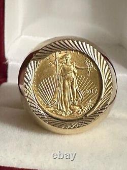 14k GOLD COIN RING 22k 1/10 oz AMERICAN EAGLE 2017 COIN 23 GRAMS. SIZE 9