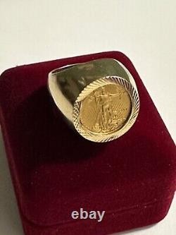 14k GOLD COIN RING 22k 1/10 oz AMERICAN EAGLE 2017 COIN 23 GRAMS. SIZE 9