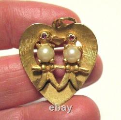 14k Gold Pearl Ruby Twins Heart Pendant 4.3 Grams 1 Inch