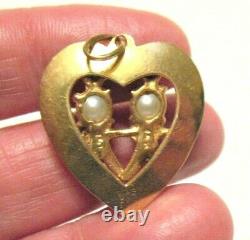 14k Gold Pearl Ruby Twins Heart Pendant 4.3 Grams 1 Inch