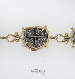 14k Solid Gold & 925 Sterling Spain Reales Cob Philip Coin 7 Bracelet 17 Grams