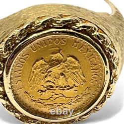 14k Yellow Gold 1945 Dos Pesos Mexican Gold Coin Ring Size 9.5 (8PO 2085)