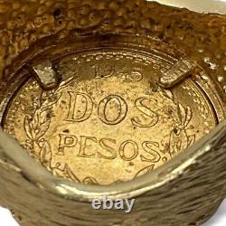 14k Yellow Gold 1945 Dos Pesos Mexican Gold Coin Ring Size 9.5 (8PO 2085)