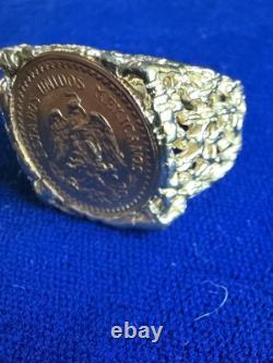 16.5mm 1945 Mexican Dos Pesos Gold Coin Ring Gold 9.2 Grams Size 7.5