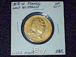 1818 W France 40 Forty Francs Gold Louis XVIII Lille Mint 12.9 Grams 0.90 Fine