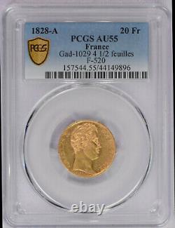 1828 A 20 Francs Gold Coin Gad-1029 4 1/2 Feuilles F-520 Charles X PCGS graded