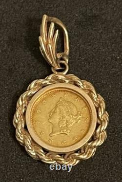 1849 $1 Dollar Liberty Head Coin in 14k Gold Bezel 5.5 Grams