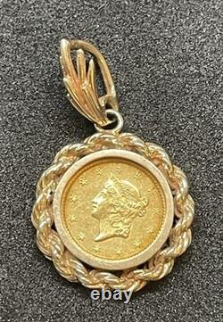 1849 $1 Dollar Liberty Head Coin in 14k Gold Bezel 5.5 Grams