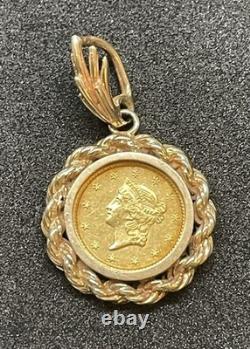 1849 $1 Dollar Liberty Head Coin in 14k Gold Bezel 5.5 Grams