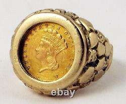 1862 $1 Gold Indian Princess Coin 14k Solid Gold Nugget Ring Size 10 12.53 Grams