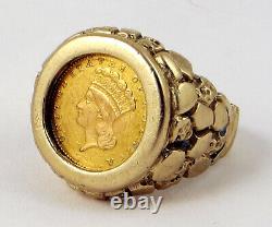 1862 $1 Gold Indian Princess Coin 14k Solid Gold Nugget Ring Size 10 12.53 Grams