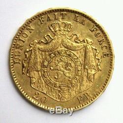 1877 BELGIUM Gold Coin Leopold II 20 FR Francs Position A 6.45 grams Finer Beard