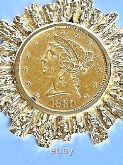 1880 $5 Dollar US Liberty Half Eagle Gold Coin & 14KY Gold Bezel 18.4 Grams