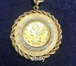 1881 Five Dollar GOLD coin 14K diamond necklace 1.6 ounces or 45+ grams