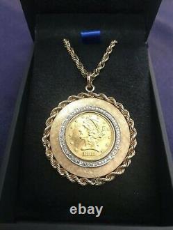 1881 Five Dollar GOLD coin 14K diamond necklace 1.6 ounces or 45+ grams