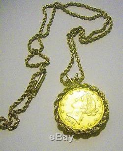 1881 Five Dollar GOLD coin 14K necklace. 5 oz or 15+ grams