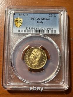 1882 R Gold Italy 20 Lire 6.45 Grams Umberto I Coin Pcgs Ms 64