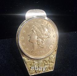 1885 $20 Double Eagle Money Clip 14k & Alaskan Gold Nuggets