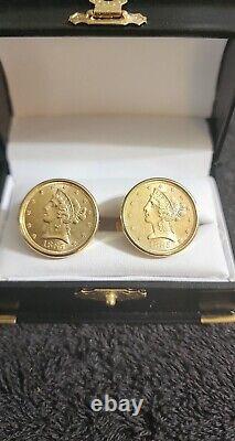 1885 $5 Liberty Head Gold Coin Cufflinks-21.6kt &14kt-26.9GRAMS Total Weight