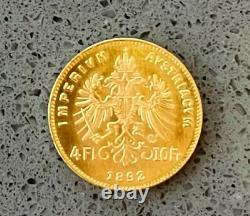 1892 Austria 4 Florin / 10 Francs Gold Coin Franz Joseph 3.22 Grams 900 Gold Unc